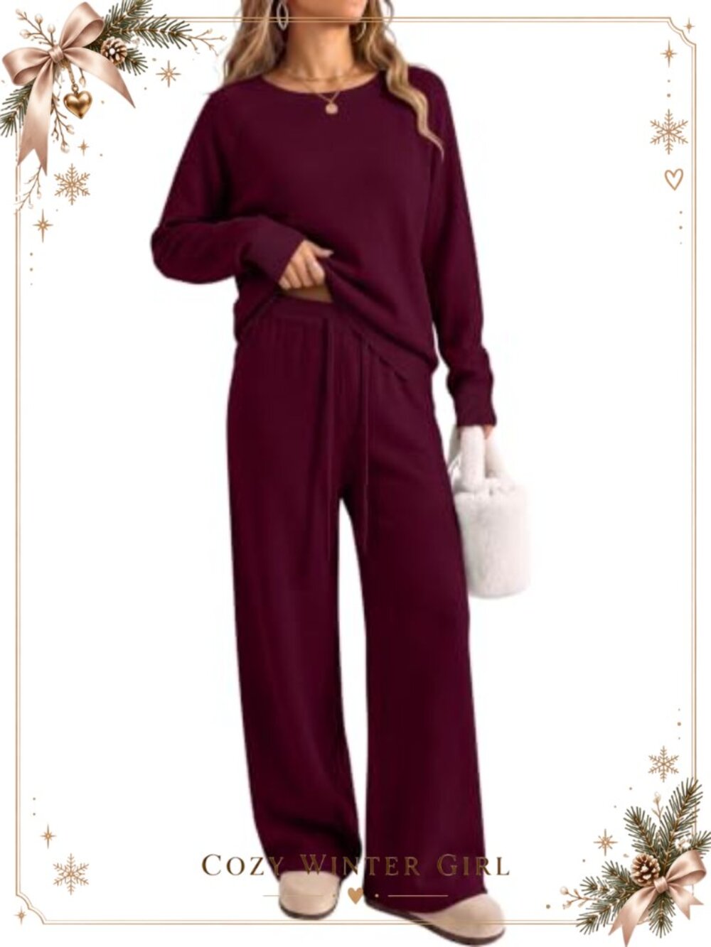 Women's 2 Piece Knit Sweater Set Wide Leg Drawstring Pants Lounge